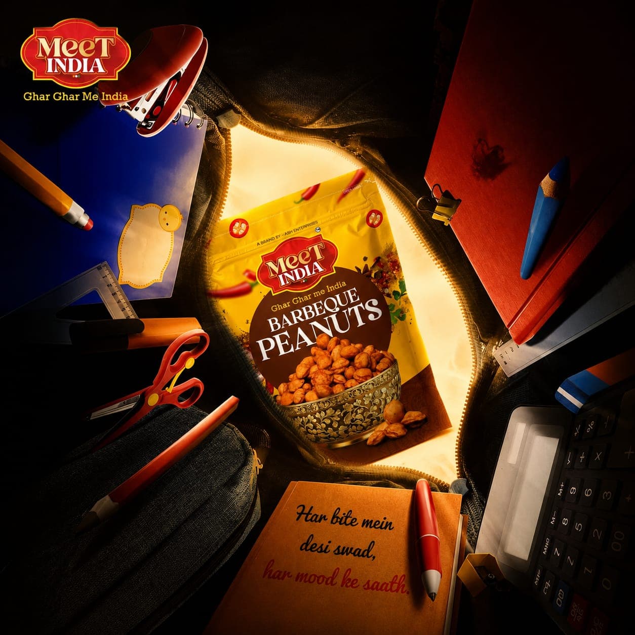 Meet India Barbeque Peanuts backpack ad